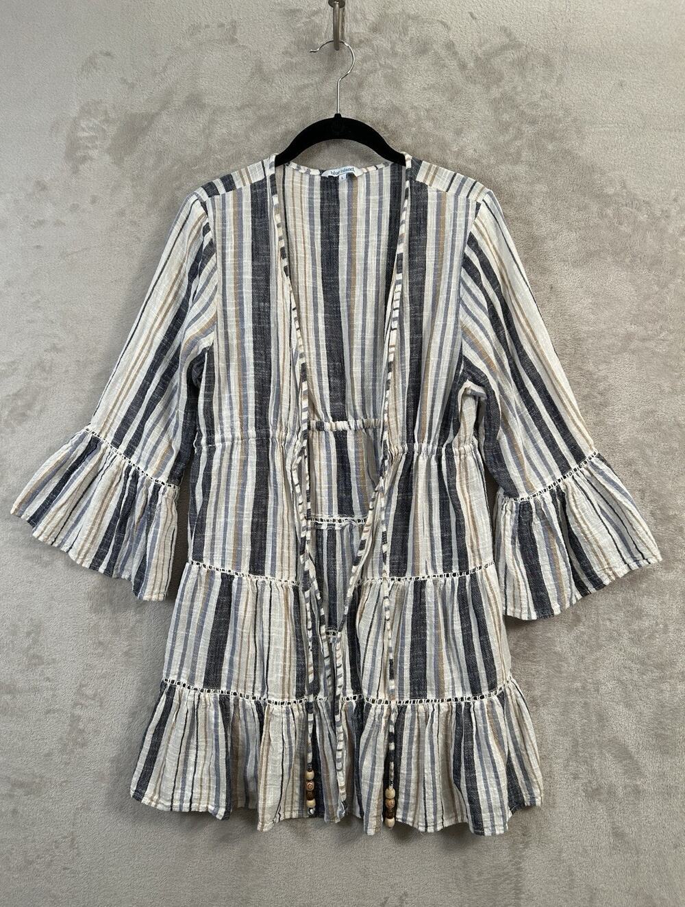 Blue Island Bell Sleeve Tiered With Beaded Drawstring Striped Coverup Size Large